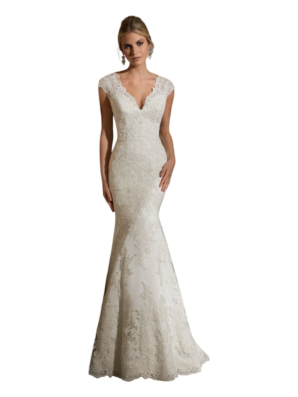 Nique Ivory Lace V-Neck Cap Sleeve Mermaid Gown